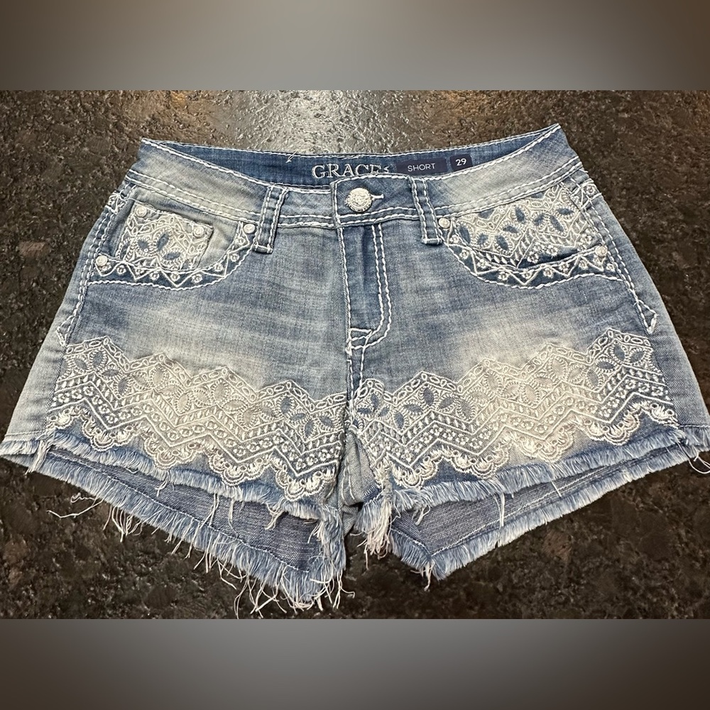 Grace Light Blue Jean Shorts with Lace Detail